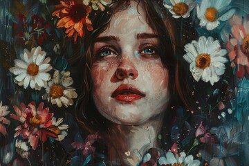 Wall Mural - A woman's face is painted with flowers