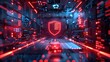 Immerse yourself in the world of cybersecurity with a visually compelling depiction featuring a digital shield emblem surrounded 