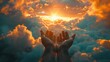 As the hands of God or Jesus Christ emerge amidst the clouds, a divine presence reaching out in grace and compassion