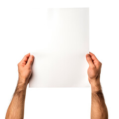 Wall Mural - Paper in hands on a white or transparent background. Close-up of a man holding a white sheet of paper. Mockup. Protest. Creative process. Development.