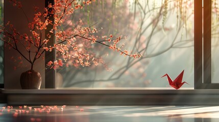 Poster - A vase with a red flower in it sits on a table next to a window. A red origami bird is sitting on the window sill. The scene is peaceful and serene, with the bird
