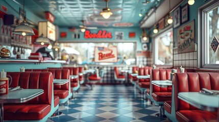 Poster - A diner with a red booth and a red sign 