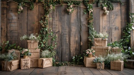 Aufkleber - A wooden wall with a floral arrangement and a stack of boxes. Scene is warm and inviting, with the flowers adding a touch of elegance and the boxes giving a sense of abundance and celebration