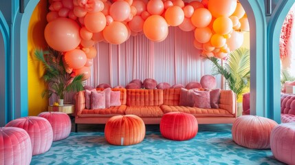 Poster - A room with a pink and orange theme, featuring a couch and several poufs