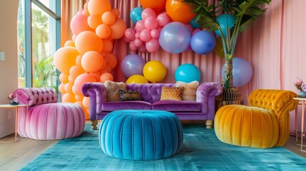 Poster - A room with a couch and two chairs, the couch is purple and the chairs are yellow. There are many balloons in the room, some are orange and some are pink. The room has a fun and colorful atmosphere