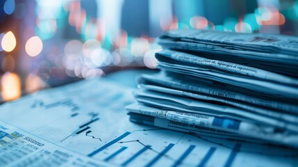 Poster - A stack of financial newspapers with stock market data headlines, symbolizing the importance of staying informed for investment decisions.