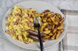 scramble eggs  mixed with spam  with home fries