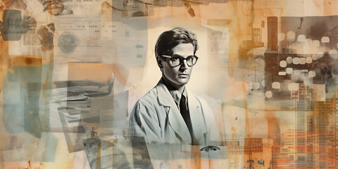 Artistic modernist style collage featuring a cropped image of a specialist doctor in a hospital gown set against a background with retro 1980s elements and abstract decorations