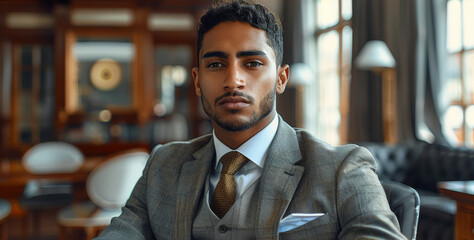 Poster - A handsome young mixed-race man exuding confidence and sophistication in a luxurious office setting. Generative AI.