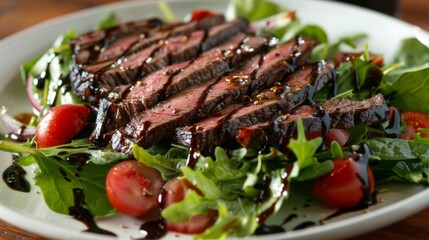 Wall Mural - A steak salad with mixed greens, cherry tomatoes, and sliced steak, drizzled with balsamic vinaigrette for a refreshing meal.
