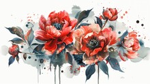 An Artistic Watercolor Illustration Of Peonies With Fractal Accents On Petals And Leaves