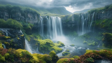 Poster - A big waterfall, high angle, natural light, cascading waterfalls and green vegetation, magnificent scenery. After the rain, the weather was cloudy, the background was blue mountains. Generative AI.