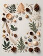 Serene and earthy arrangement of natural objects, including various leaves, pine cones, seashells, acorns, and seed pods, on a light background, emphasizing diversity of nature, Generative AI.