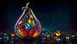 Vibrantly colored, pear shaped glass adorned with multicolored gems, set against a dark background, creating a magical and enchanting atmosphere, Generative AI.
