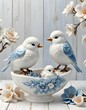 Charming ceramic bird figurines, two adults and a chick, on a decorative bowl adorned with floral designs, against a rustic white wooden background, with a serene and homely atmosphere, Generative AI.