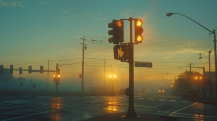 Poster - A traffic light intersection at dawn, with soft morning light casting a golden hue on the signal lights, signaling the start of a new day's commute.