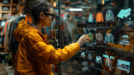 a young woman in a vibrant yellow jacket interacts with an advanced digital interface while shopping