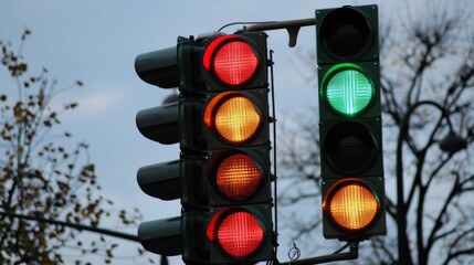 Poster - A traffic signal changing from red to green, indicating the transition from stop to go for vehicles at an intersection.