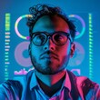 © Sweettymojidesign - Portrait of a data analyst with Glow HUD big Icon of statistical data analysis