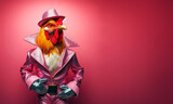 Fototapeta Konie - Portrait of anthropomorphic chicken in disco outfit standing isolated on pink background, copy space for text