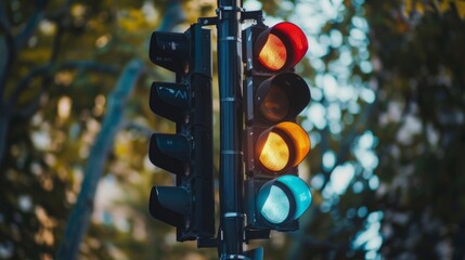 Poster - A traffic signal post with multiple lights, guiding drivers with clear indications for turning left, right, or proceeding straight ahead.