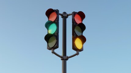 Poster - A traffic signal post with multiple lights, guiding drivers with clear indications for turning left, right, or proceeding straight ahead.