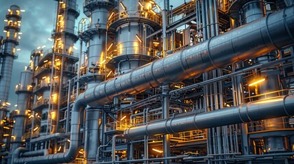 Poster - Close up Modern industrial plant or oil refinery petrochemical chemical processing factory. Generative AI.