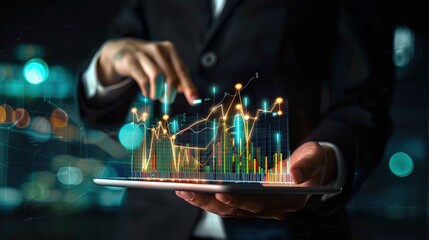 Poster - Closeup Businessman hand show Stock chart showing with graph indicator. a growing virtual hologram.