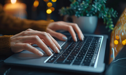 Poster - corporate businesswoman typing on laptop keyboard, searching online information, internet browsing, 