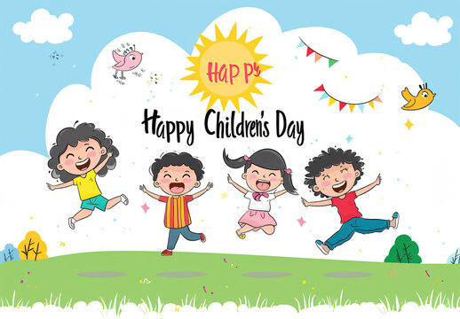 Global Celebration of Children's Day. Illustration Featuring Happy Children Enjoying Fun and Togetherness, Promoting Education and Friendship in a Colourful and Joyful Event
