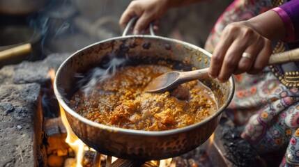 A woman cooking traditional Indian curry in a copper pot over an open flame, stirring the fragrant spices and ingredients with a wooden spoon.