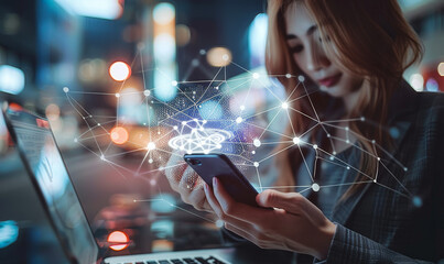 Poster - Woman Using Mobile & Laptop with Digital Technology Internet Network Connection Background - Big Data, Digital Marketing, IoT