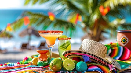 Wall Mural - hat and cocktails on the background of the beach. Selective focus