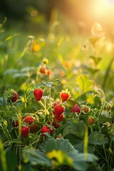Canvas Print - strawberry close-up growing in the garden. Selective focus