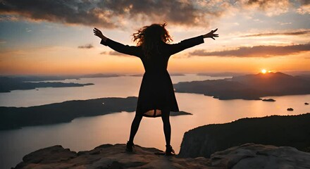 Wall Mural - Woman celebrating on the top of a mountain.