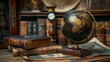 Geographic globes and old maps and old books in the cabinet. Science, education, travel history. History and geography team, behind the library, 3D illustrations