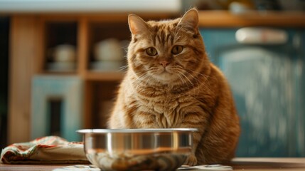 Poster - An obese cat sitting in front of a fully stocked food bowl, its round body indicating a penchant for overeating and sedentary lifestyle.