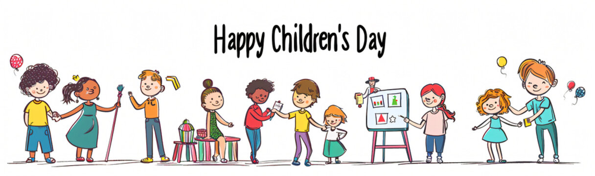 Global Celebration of Children's Day. Illustration Featuring Happy Children Enjoying Fun and Togetherness, Promoting Education and Friendship in a Colourful and Joyful Event