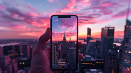 Wall Mural - closeup shot of person holding mobile phone in hand and taking photo of beautiful sunset downtown of big city with skyscrapers, urban photography with smartphone camera