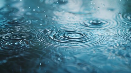 Raindrops falling on the ground, light blue background, circular ripples in water from rain, rainstorm, raindrops, in the style of fantasy, surreal, magical atmosphere, cinematic lighting.