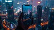 © goami - closeup shot of person holding mobile phone in hand and taking photo of night downtown of big city with skyscrapers, urban photography with smartphone camera