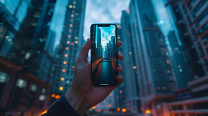 Wall Mural - closeup shot of person holding mobile phone in hand and taking photo of night downtown of big city with skyscrapers, urban photography with smartphone camera