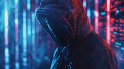 anonymous hacker in hood and with dark face, privacy and internet security, darknet and cyber crimes concept