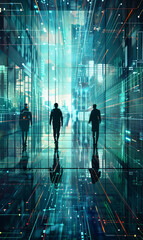 Wall Mural - people networking in digital world, communication in cyberspace, silhouette of group of people in futuristic environment, technology concept