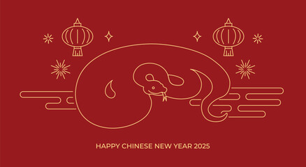 Wall Mural - Chinese zodiac snake with lanterns line art greeting card. Happy chinese new year of the snake 2025 line drawing.