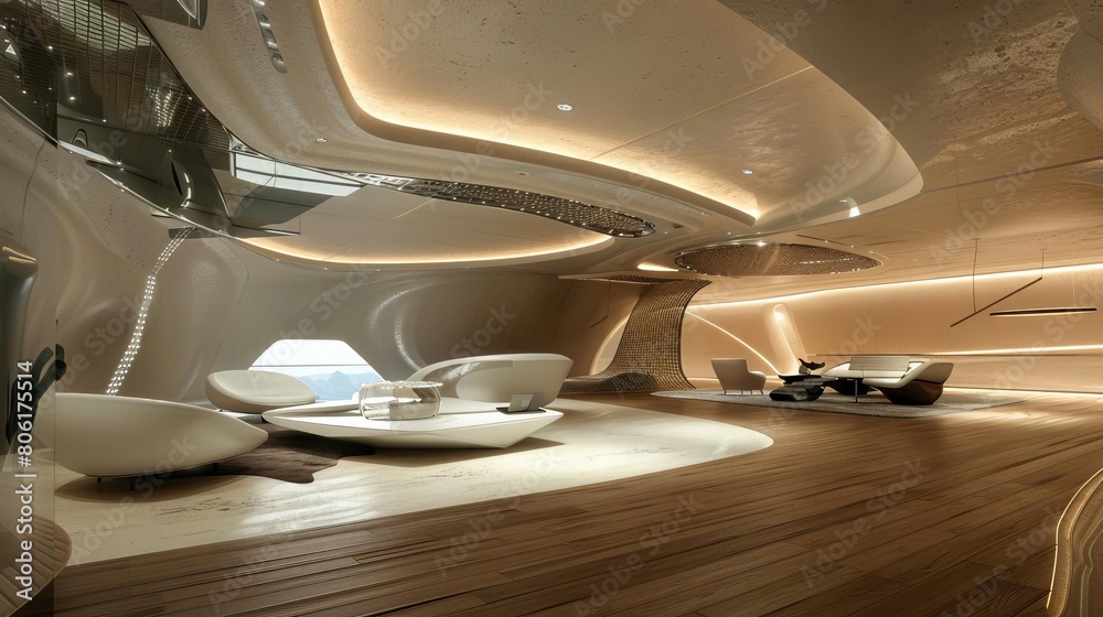 Design an interior space that is both futuristic and organic, with a ...