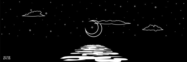 Wall Mural - Night Seascape in Perspective. Black and White Clouds and Moon Isolated on Starry Night Background. Futuristic Glowing Banner of Illuminated Waves. Vector. 3D Illustration