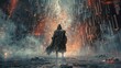 © winnie - A cloaked figure stands amidst a digital storm, facing a chaotic cityscape that disintegrates into fiery pixels.