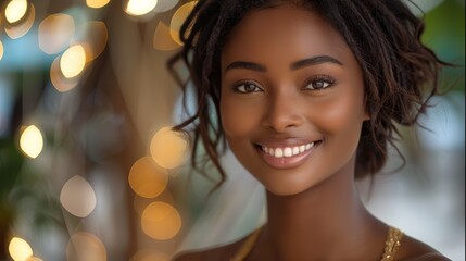 Sticker - Beautiful African American girl in her early 20s wearing a dress smiling warmly, the background is bokeh effect luxury settings. Generative AI.