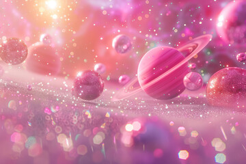 Wall Mural - surreal pink planets in a sparkling galactic setting